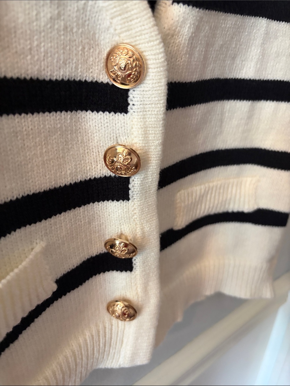 Striped Knit Button Vest in Cream and Black - Picture 2 of 4
